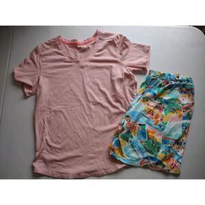 Cuddl Duds Pink V-Neck T-Shirt‎ & Tropical Print Shorts Loungewear Set Size S